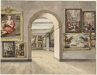 Het interieur van het Trippenhuis, de boven voorzaal in de periode als Rijksmuseum, vóór de veranderingen van augustus 1845