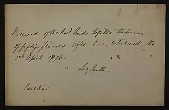 Ontvangstbewijs van Lucy Smith 50 frs to be returned 01/04/1873 (Guido Gezellearchief, Openbare Bibliotheek Brugge, nr. Aanw. 652)