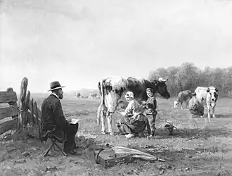 Kunstenaar (vader Willem Vester) maakt schetsen van boerin en zoon (1883)