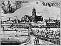 Vispoort links van de Onze-Lieve-Vrouwekerk. Detail van 'Gezicht op Deventer' door Claes Jansz. Visscher (1615).