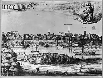 Detail uit het gezicht op Deventer door Claes Jansz. Visscher (1615) waarop de Melksterpoort staat weergegeven.