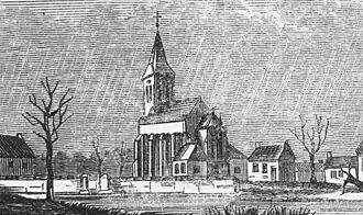 Gezicht op de parochiekerk tijdens hoogwater (gravure van onbekende kunstenaar, ca. 1890)