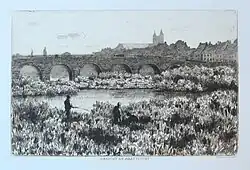 Gezicht vanaf het eiland op de Maasbrug, ets door A.L. Koster, ca. 1880-1890