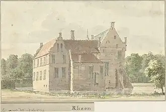 De achterzijde van de havezate Rhaan in 1732, door Cornelis Pronk