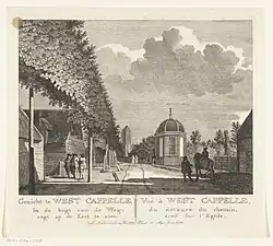 Gezicht op de kerktoren van Westkapelle, door Jan Arends ets uit 1778; coll. Rijksmuseum[9]