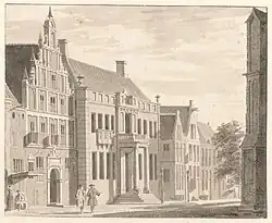 Gezicht op het Grote Kerkhof te Deventer met Landshuis en Stadhuis door Cornelis Pronk, 1730