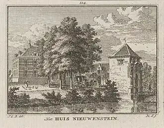 Prent uit 1773 door Hendrik Spilman, naar een tekening uit circa 1750 van Jan de Beijer