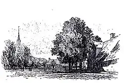 Gieten omstreeks 1880, de Brink met links de kerk en rechts hotel Braams