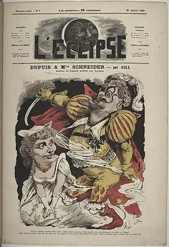 Een karikatuur in L’Eclipse van de oorspronkelijke sterren van Barbe-bleue: Hortense Schneider en de tenor Dupuis.