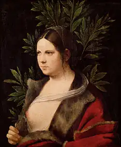 Giorgione: Laura, 1506, met een achtergronddecoratie van laurierbladeren.