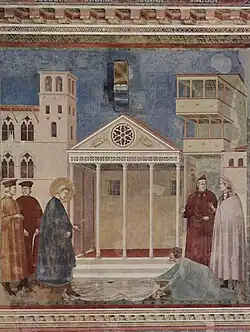 Scène uit het leven van Franciscus van Assisi met erboven de geschilderde consoles met acanthusbladeren, ca. 1295-1300, fresco in de bovenkerk van de Sint-Franciscusbasiliek in Assisi (toegeschreven aan Giotto en anderen)