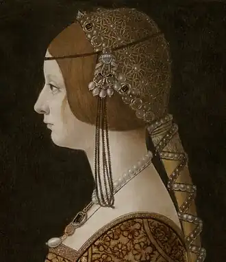 Portret van Bianca Maria Sforza door Giovanni Ambrogio de Predis, 1493