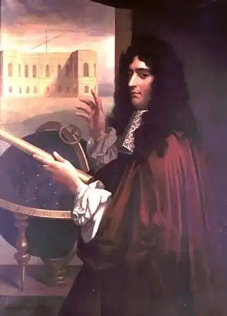 Giovanni Domenico Cassini In de achtergrond, het observatorium van Parijs waarvan hij de eerste directeur was.