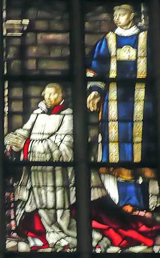 Van Mierop (knielend) afgebeeld op één der Goudse glazen