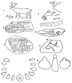 Gegraveerde stenen met wat volgens sommigen rendieren zouden zijn