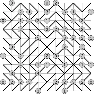 A solved Gokigen Naname puzzle