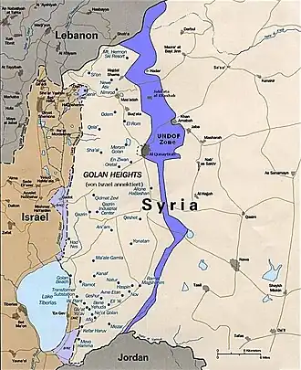 De zone in de Golanhoogten die onder controle van UNDOF staat.