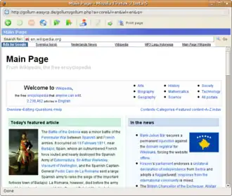 Schermafbeelding van Gollum welke de hoofdpagina van de Engelse Wikipedia toont.