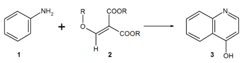 Reactieverloop van de Gould-Jacobs-reactie.