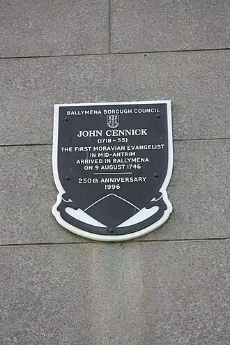 plaque ter herdenking van John Cennick, de eerste Moravische evangelist