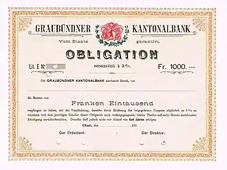 Obligatie van de Kantonnale Bank van Graubünden uit 1890.