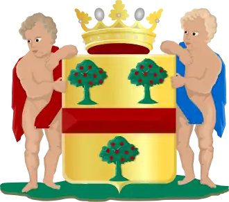 Het wapen van 's-Gravendeel met de oranjebomen. De kleur van het loof van de bomen vormde de basis voor de schildzoom van het tweede wapen