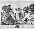 Gravure, ca. 1790, gezicht op de Grote Cascade van Beekhuizen, door Chr.Henning.
