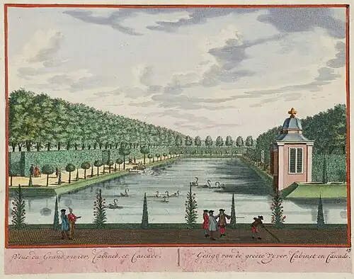 Aan de linkerzijde Europa en Afrika. Rechts achter de heg, buiten beeld, de "groote vyver".