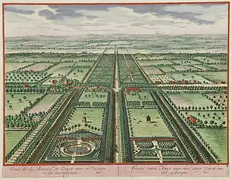 Tuinen van slot Zeist (ca. 1702) met de zichtas richting Amersfoort, de latere Slotlaan