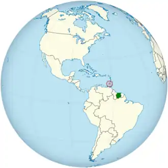 Kaart met daarop Grenada en Suriname