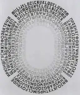 Kunstwerk met een stadionvorm gevormd door concentrische letterbanen gevormd met letters uit het alfabet van het Grieks, Cyrillisch, Hebreeuws, en Latijn.