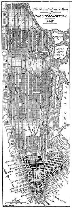Manhattan 1807, gridiron plan, nog zonder Central Park