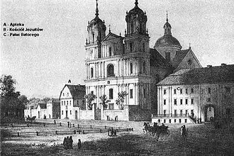 Plein in Grodno midden 19de eeuw, door Napoleon Orda. In het midden: Franciscus Xaveriuskathedraal. Rechts: het paleis van de koning Stefanus Báthory. Links van de kathedraal: Apotheekgebouw.