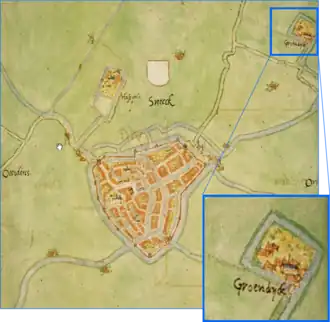 Kaart van Jacob van Deventer met het Groendijkklooster (1560).