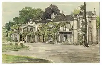 gezicht op de voorgevel van het huis Beukenburg uit het noordoosten; rond 1920