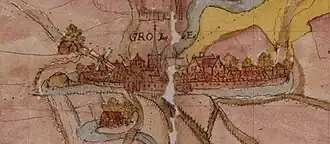 Groenlo in 1550, met links de motteheuvel, omgeven door de stadsgracht.