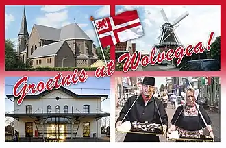 Ansichtkaart van Wolvega met Station Wolvega, de molen Windlust, Sint-Franciscuskerk (Wolvega) en haringparty in de winkelstraat.