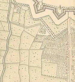 De kaart van landmeter Peter de la Rive uit 1734 toont al de contouren van de late Davidstraatbuurt. In het midden landhuis Toppinga (later Rozenburg). Helemaal linksboven aan oostzijde van het Hoornsediep de lijm- en stijfselfabriek van Abraham en Teunis Hulshoff.