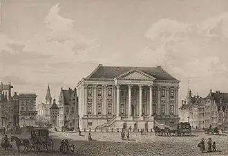 De Grote Markt met stadhuis in 1858. Tekening door Johann Poppel.
