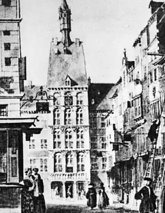 Detail van een prent van de Grote Staat (J. de Beijer, ca. 1750). Centraal: het Dinghuis. Rechts, bijna niet te onderscheiden: het Vleeshuis, "De Lanscroon" en "De Liebaert", als 3e, 4e en 5e pand vanaf de hoek