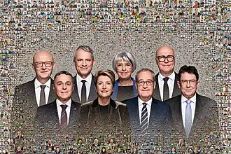 De Bondsraad in 2025 met bondskanselier Viktor Rossi (links)