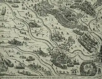 Kaart die schermutselingen tussen Dachstein en Molsheim op 2 december 1592 afbeeldt. Van een oude prent, nu in het Chartreuse de Molsheim.