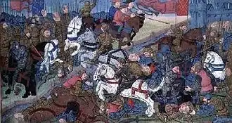 Miniatuur van de oorlog tussen Theuderik II en zijn broer Theudebert II in 612 (Chroniques des Rois de France (15e eeuw), Ms 869/522 fol. 86v, Museum Condé).