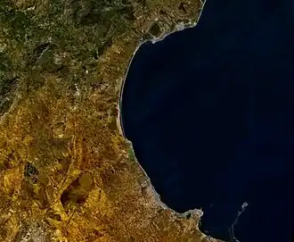 Satellietfoto van de Golf van Hammamet, gemaakt door NASA Landsat op een hoogte van ca. 120 km