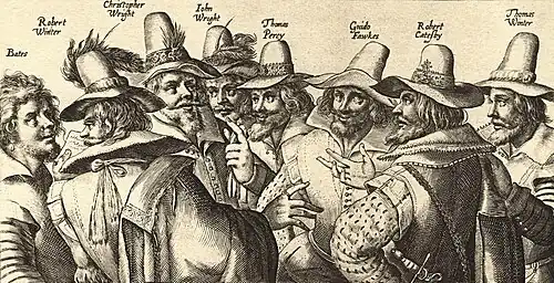 Guy Fawkes (derde van rechts) en zijn samenzweerders, getekend door Crispijn van de Passe