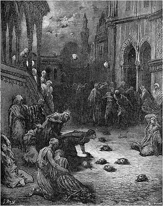 De kruisvaarders gooiden de afgehakte hoofden van de Turken, die een stadsuitbraak wilden forceren, terug de stad Nicea in. Tekening Gustave Doré, 19e eeuw
