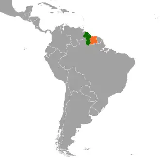 Kaart met daarop Guyana en Suriname