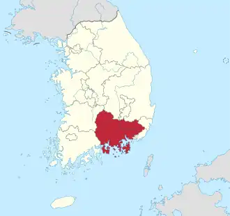 Kaart van provincie Gyeongsangnam-do van Zuid-Korea