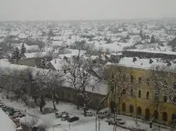 Blik over de stad in de winter