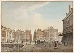 Zuidzijde van de Dam omstreeks 1779 met links het Commandantshuis en in het midden de Beurssteeg, die toegang gaf tot het Rokin.
